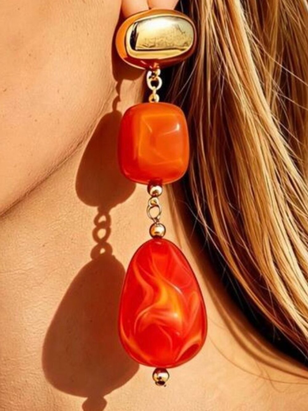 Orange Red Marbled Statement Drop Earrings Gold Tone Resort Jewelry